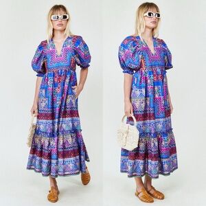 Hunter Bell Palmer Dress Abstract Puff Sleeve Midi Size Large